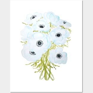 blue anemone flowers bouquet watercolor painting Posters and Art